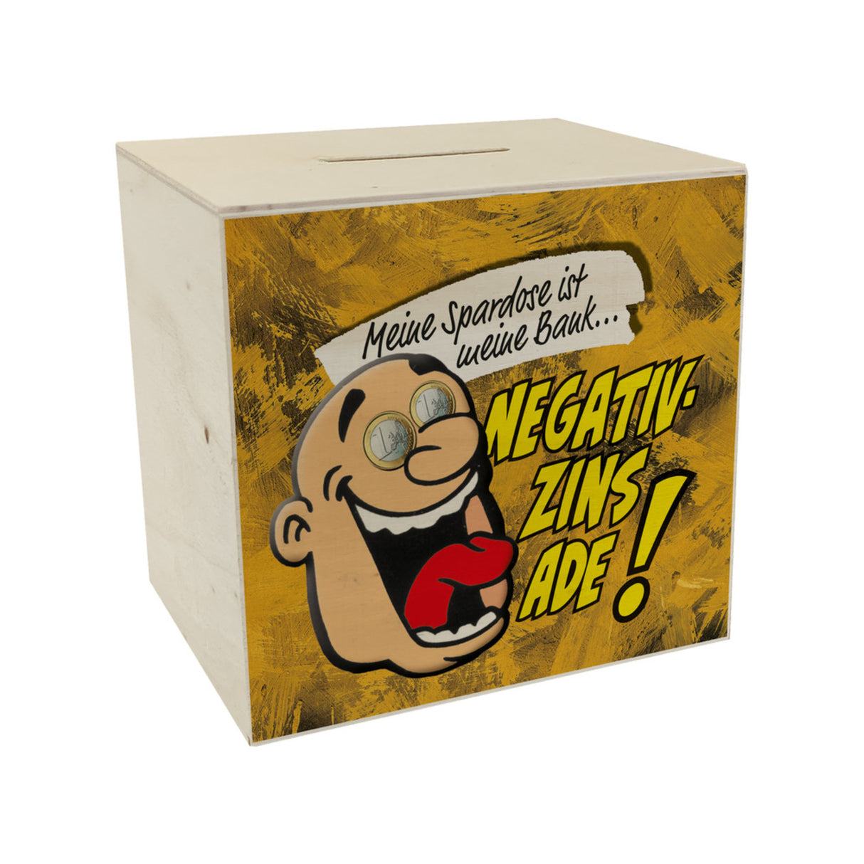 Spardose zum Thema Negativzins mit Comic-Motiv