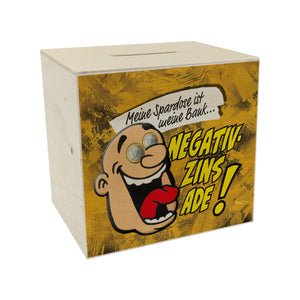 Spardose zum Thema Negativzins mit Comic-Motiv