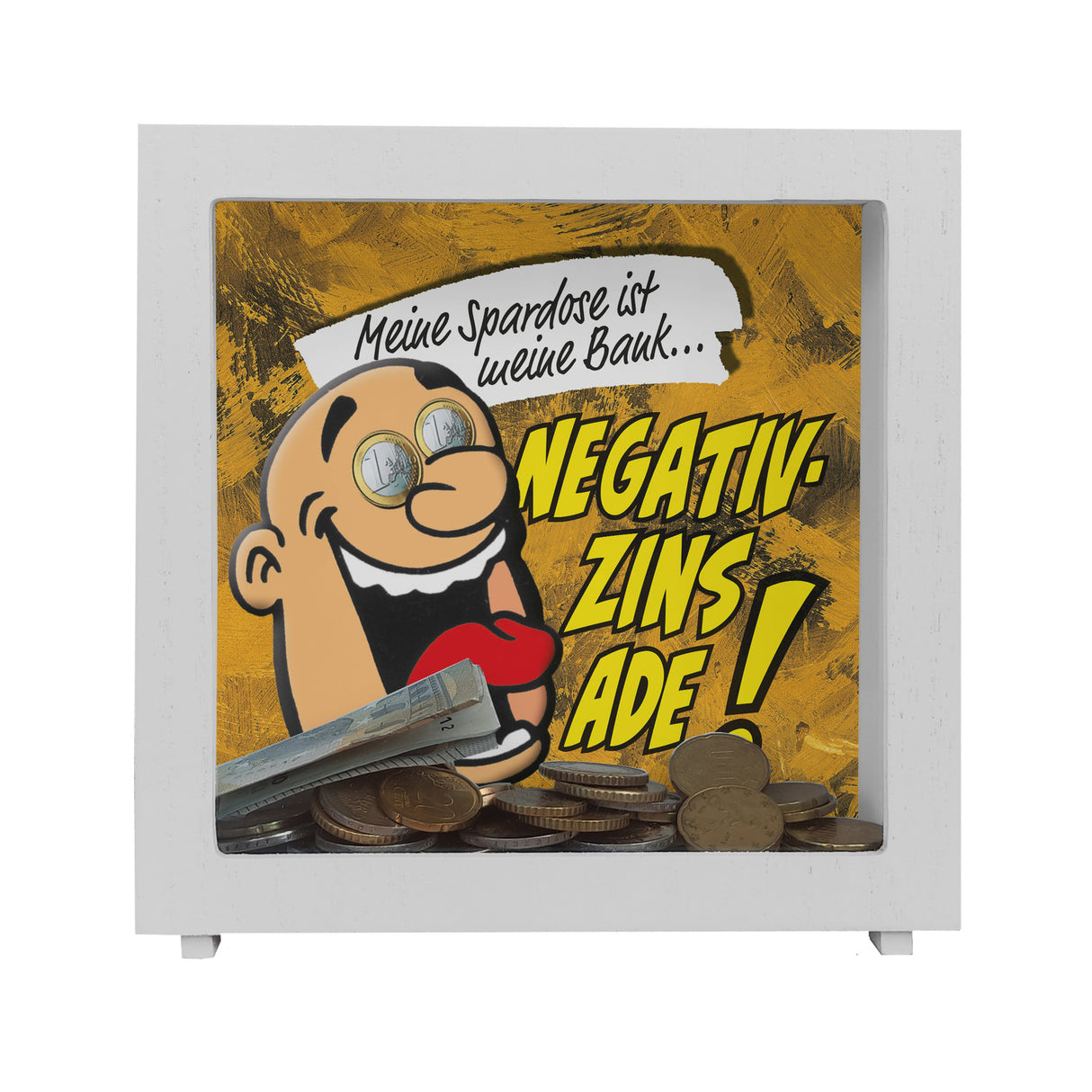 Spardose zum Thema Negativzins mit Comic-Motiv
