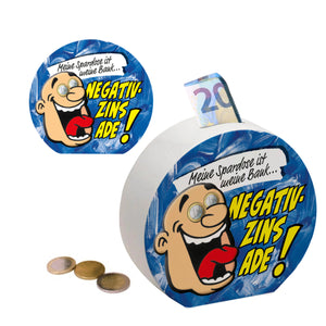 Spardose zum Thema Negativzins mit Comic-Motiv