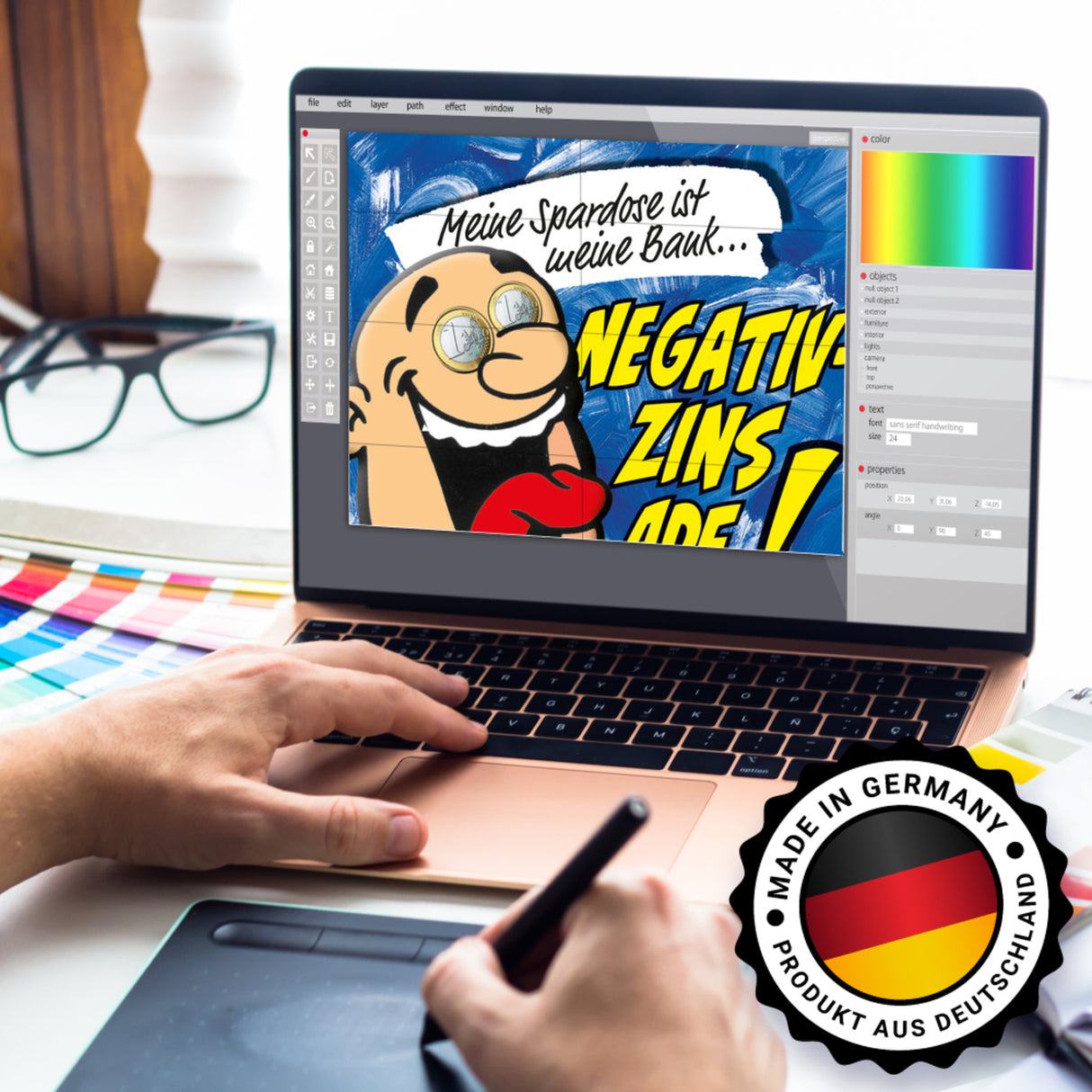 Spardose zum Thema Negativzins mit Comic-Motiv