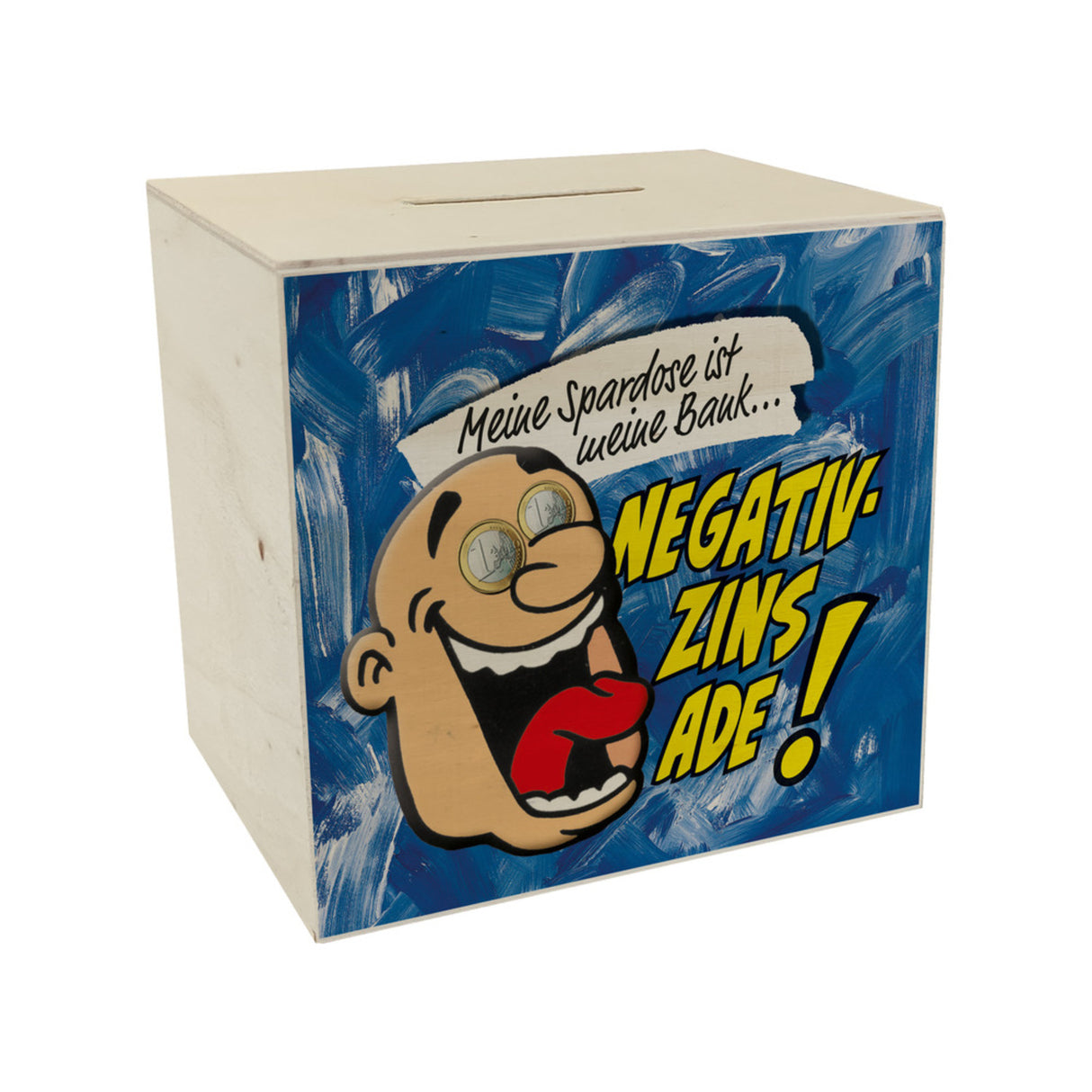 Spardose zum Thema Negativzins mit Comic-Motiv