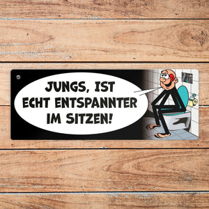 Bitte im sitzen pinkeln Metallschild im Comic-Stil