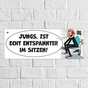 Bitte im sitzen pinkeln Metallschild im Comic-Stil