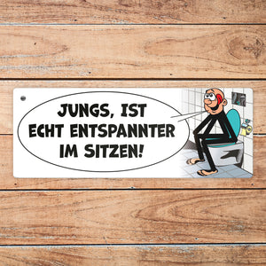 Bitte im sitzen pinkeln Metallschild im Comic-Stil