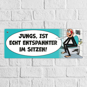 Bitte im sitzen pinkeln Metallschild im Comic-Stil
