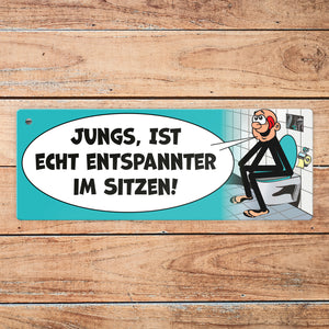 Bitte im sitzen pinkeln Metallschild im Comic-Stil
