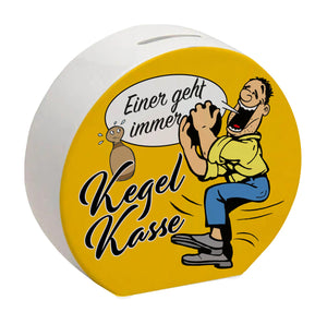 Kegelkasse Spardose Einer geht immer mit lustigem Kegelspieler Motiv