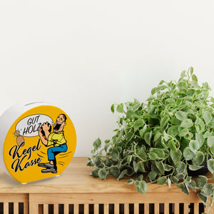 Kegelkasse Spardose Gut Holz mit lustigem Kegelspieler Motiv