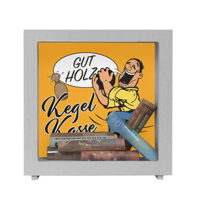Kegelkasse Spardose Gut Holz mit lustigem Kegelspieler Motiv
