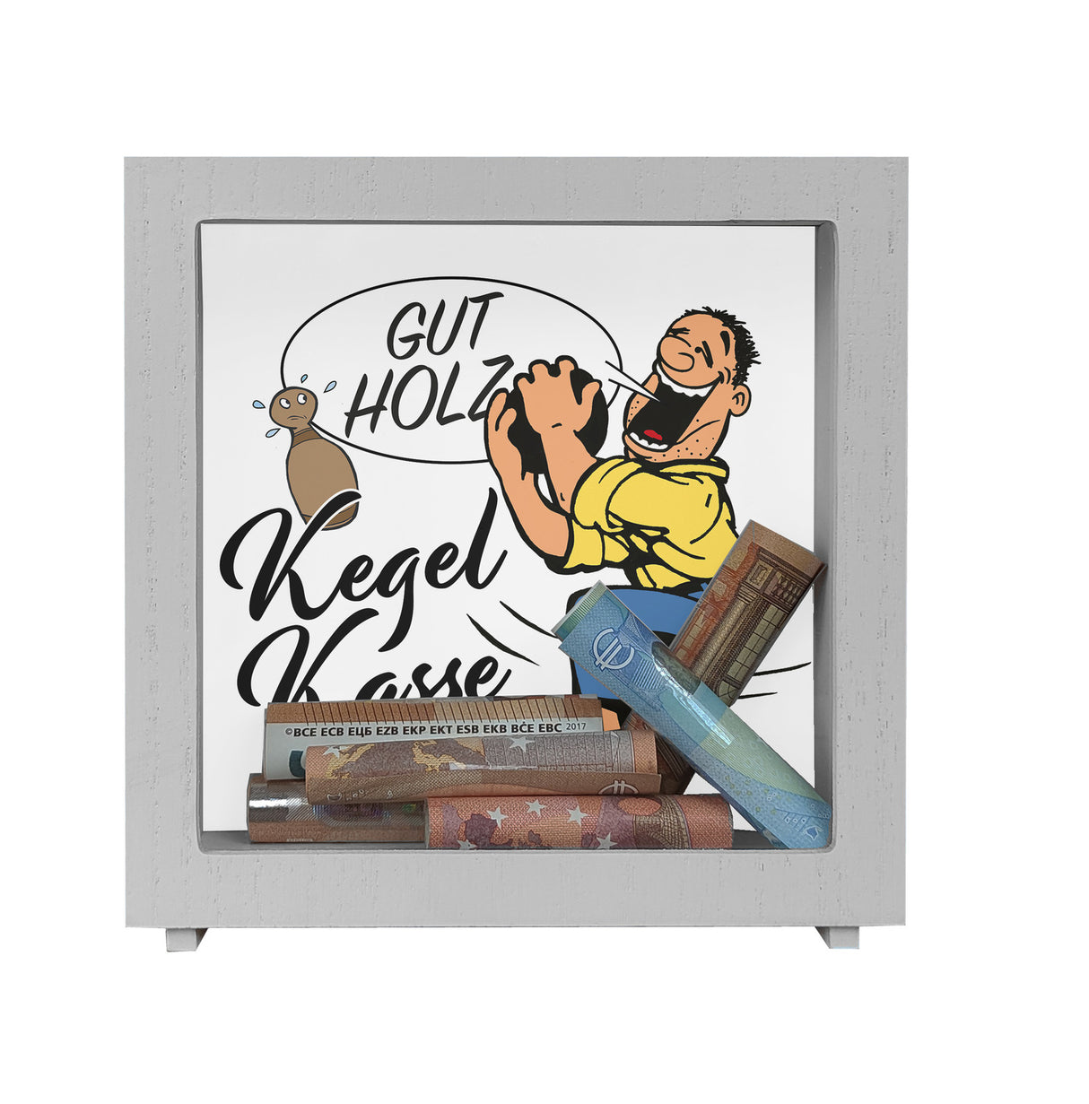 Kegelkasse Spardose Gut Holz mit lustigem Kegelspieler Motiv