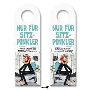 Bitte im Sitzen pinkeln Türhänger im Comic-Stil schwarz
