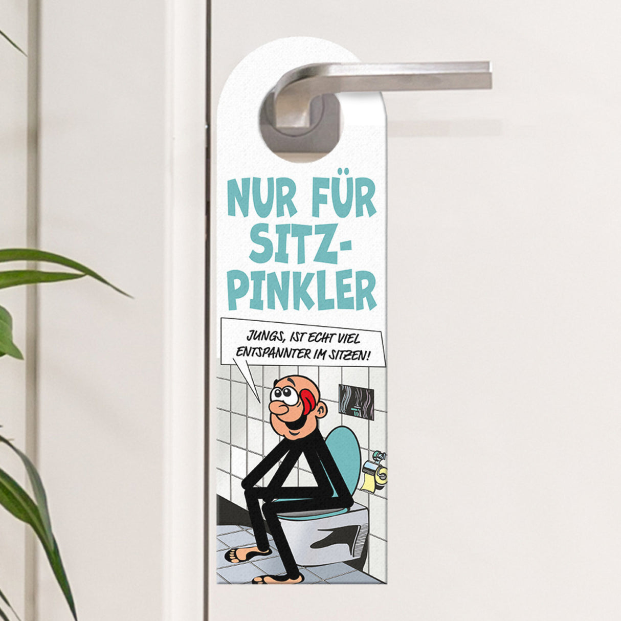 Bitte im Sitzen pinkeln Türhänger im Comic-Stil schwarz