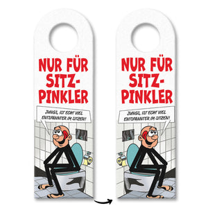 Bitte im Sitzen pinkeln Türhänger im Comic-Stil schwarz