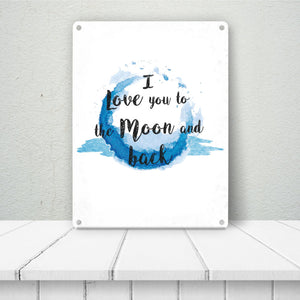 I love you to the Moon and back Valentinstag Metallschild in lila