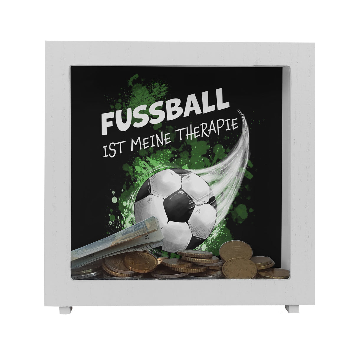 Fußball ist meine Therapie Spardose mit Fußball-Motiv
