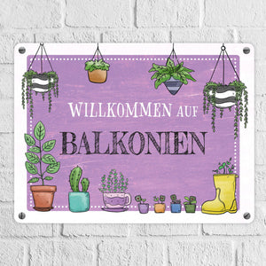 Willkommen auf Balkonien Metallschild in türkis