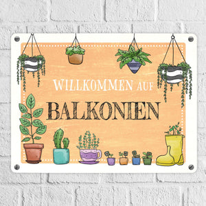 Willkommen auf Balkonien Metallschild in türkis