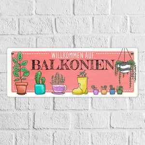 Willkommen auf Balkonien Metallschild in türkis
