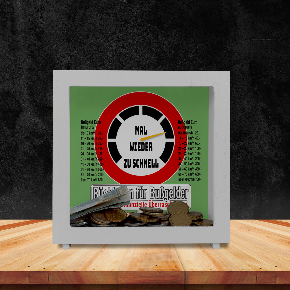 Zu schnell gefahren Bußgeld Spardose mit Straßenschild Motiv