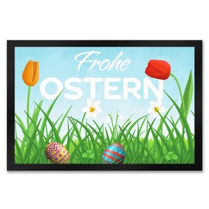 Frohe Ostern Fußmatte mit grüner Blumenwiese und bunten Ostereiern