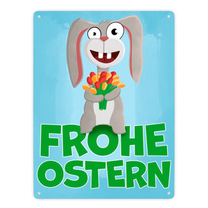 Frohe Ostern Metallschild mit lustigem Osterhasen