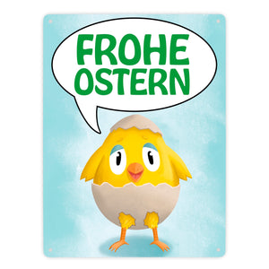 Frohe Ostern Metallschild mit süßem Küken in Eierschale