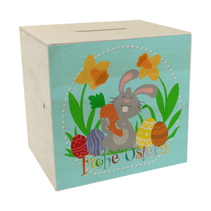 Frohe Ostern Spardose mit niedlichem Osterhasen und Ostereiern