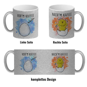 Vor'm Kaffee - nach'm Kaffee Kaffeebecher mit süßem Küken im Ei