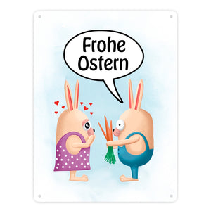 Frohe Ostern Metallschild mit lustigen Hasen