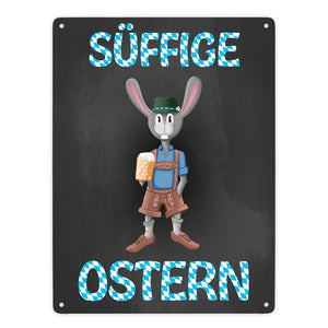 Süffige Ostern Metallschild mit Osterhase in Lederhosen