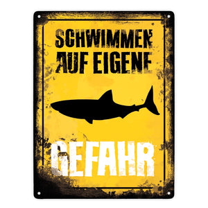 Schwimmen auf eigene Gefahr Metallschild für den Pool mit Hai