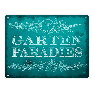 Gartenparadies Metallschild in türkis mit floralen Ornamenten