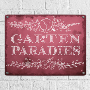 Gartenparadies Metallschild in türkis mit floralen Ornamenten