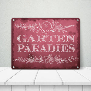 Gartenparadies Metallschild in türkis mit floralen Ornamenten