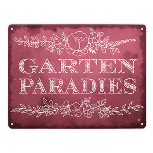 Gartenparadies Metallschild in türkis mit floralen Ornamenten