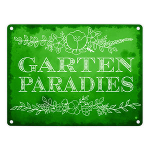 Gartenparadies Metallschild in türkis mit floralen Ornamenten