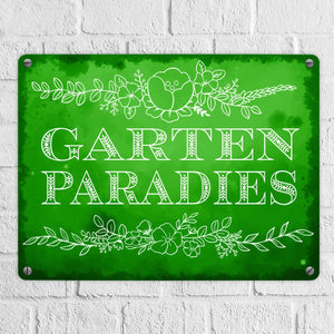 Gartenparadies Metallschild in türkis mit floralen Ornamenten