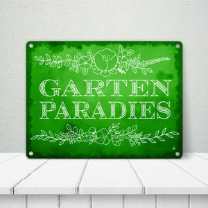 Gartenparadies Metallschild in türkis mit floralen Ornamenten