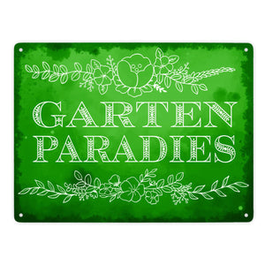 Gartenparadies Metallschild in türkis mit floralen Ornamenten