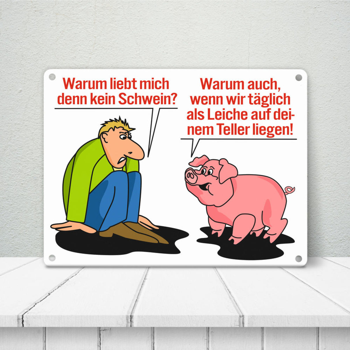 Schweine Metallschild zum Thema Fleischesser und Vegetarier