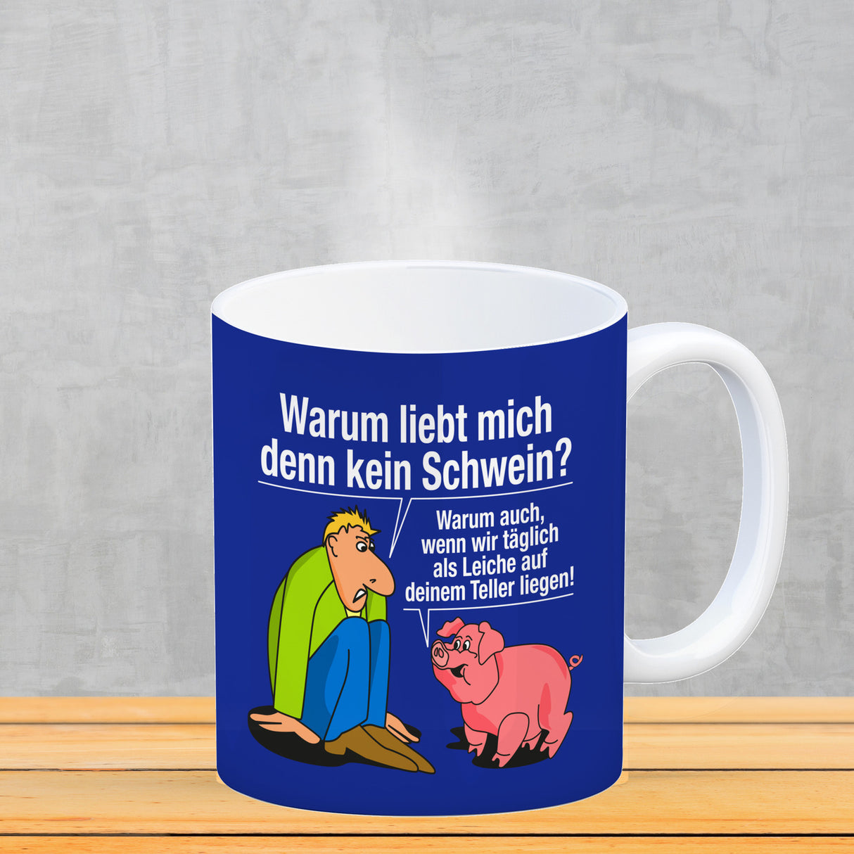 Kaffeebecher zum Thema Fleischesser und Vegetarier mit Schweine Motiv