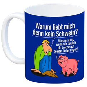Kaffeebecher zum Thema Fleischesser und Vegetarier mit Schweine Motiv