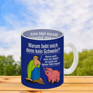 Kaffeebecher zum Thema Fleischesser und Vegetarier mit Schweine Motiv