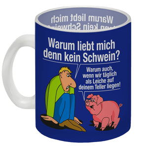 Kaffeebecher zum Thema Fleischesser und Vegetarier mit Schweine Motiv