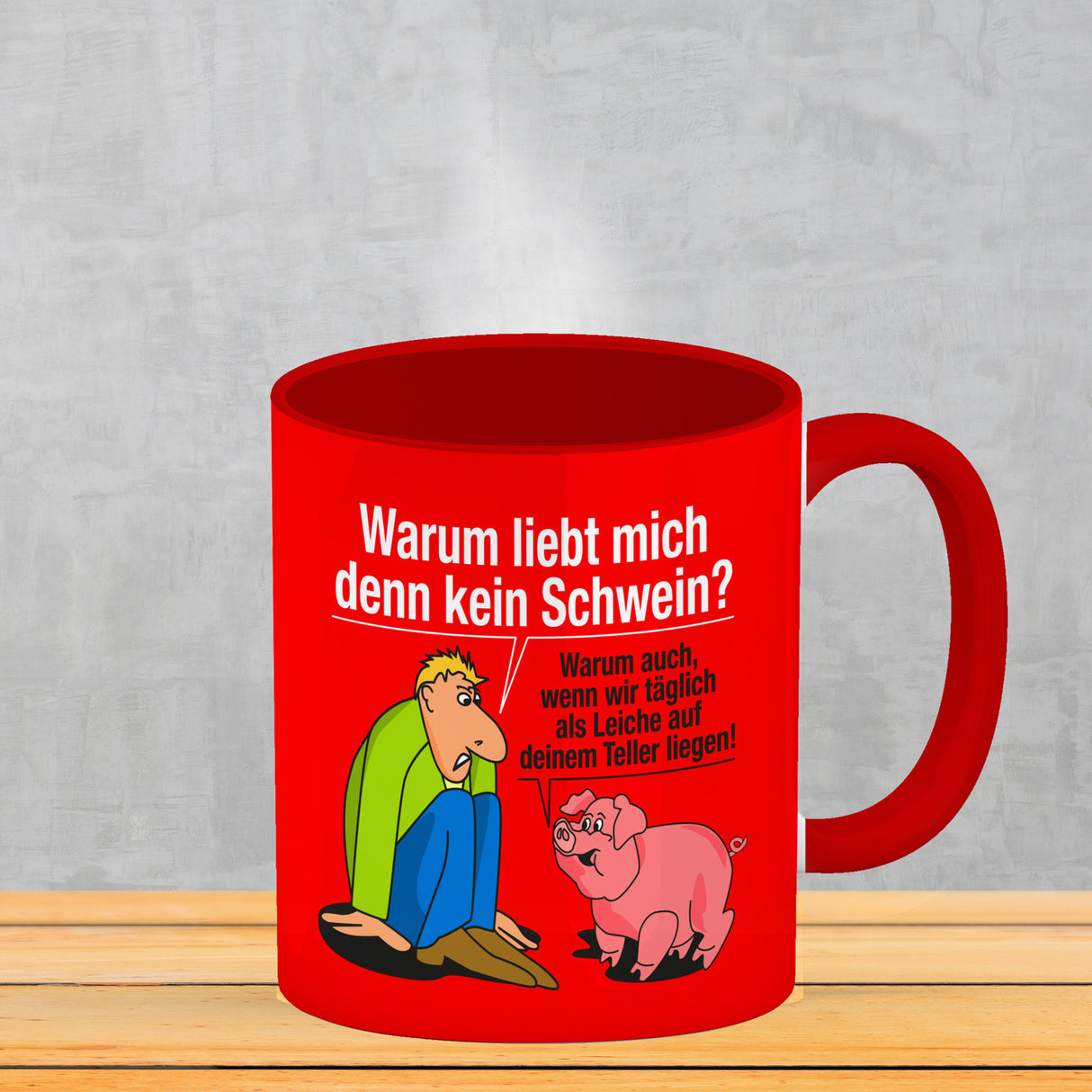 Kaffeebecher zum Thema Fleischesser und Vegetarier mit Schweine Motiv