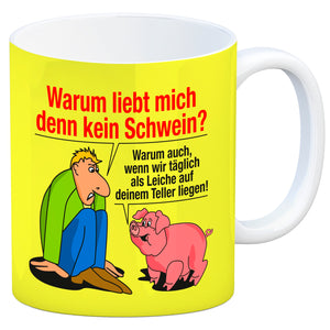 Kaffeebecher zum Thema Fleischesser und Vegetarier mit Schweine Motiv