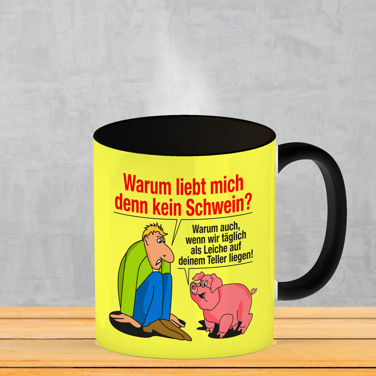 Kaffeebecher zum Thema Fleischesser und Vegetarier mit Schweine Motiv