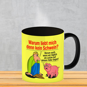 Kaffeebecher zum Thema Fleischesser und Vegetarier mit Schweine Motiv