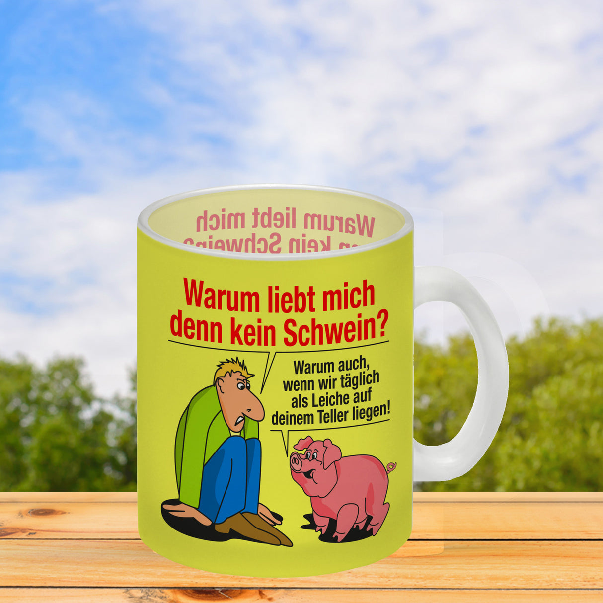 Kaffeebecher zum Thema Fleischesser und Vegetarier mit Schweine Motiv